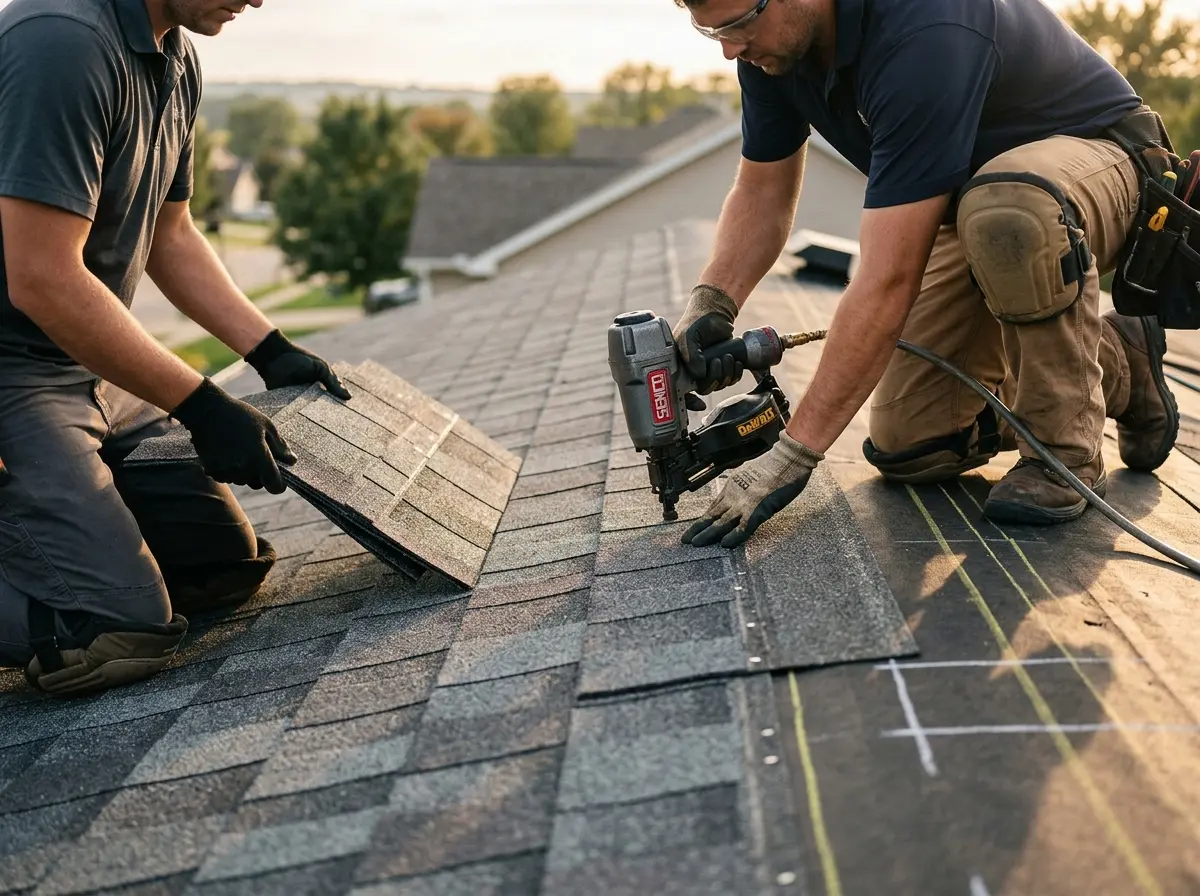 Professional roofer working on a residential roof in Marlboro